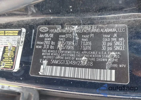 2008 Hyundai Santa Fe Gls z USA, uszkodzony, nr VIN 5NMSG13D48H224618